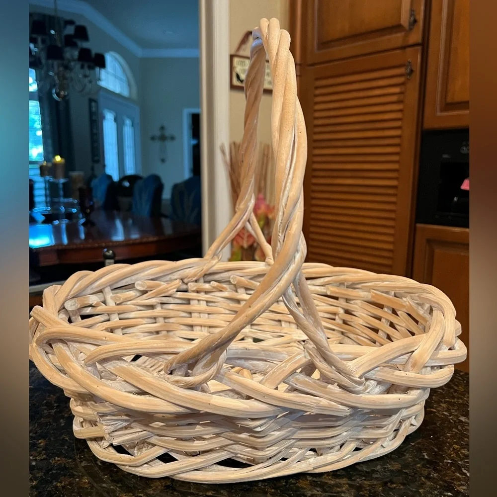 Vintage Whitewashed Wicker Basket with Handle